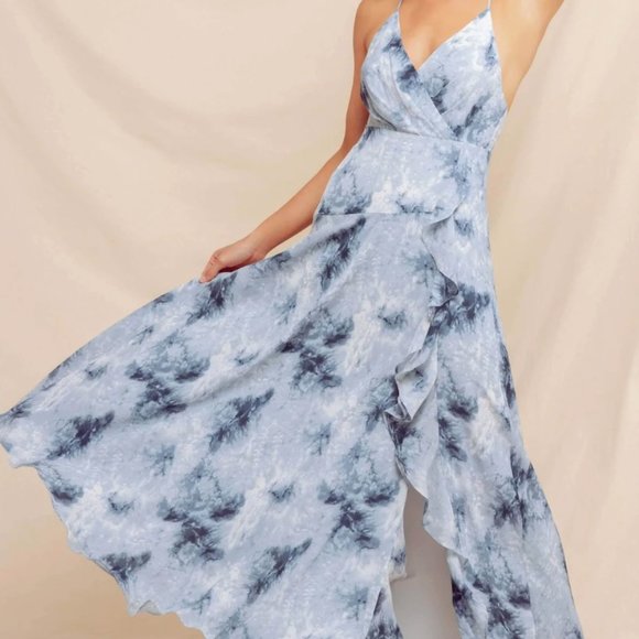 ASTR The Label Holland Ruffle Tie Dye Maxi Dress Blue - Picture 1 of 7